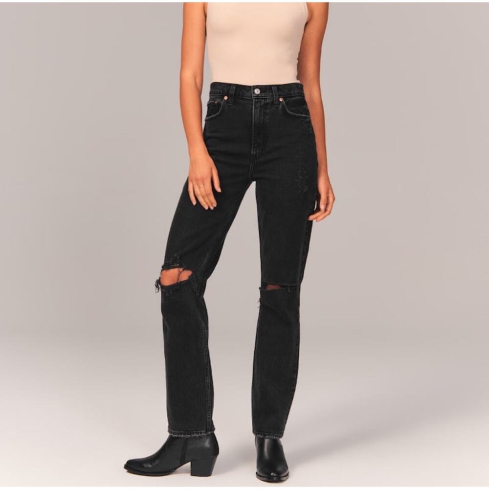 NEW Abercrombie & Fitch 90s Straight Ultra High Rise Jeans 18/34 Ripped Black